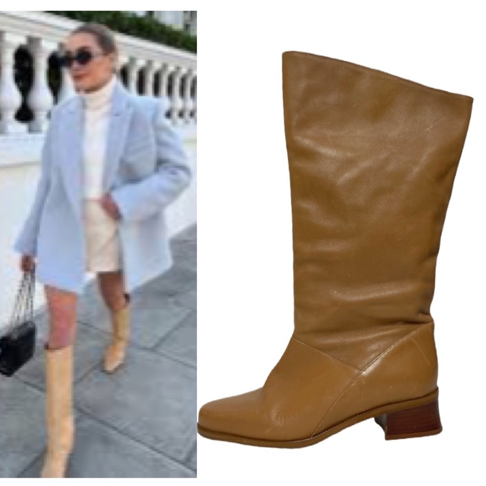 Leather Knee High Boots Low Heel Markon Shelly Made In Brazil Neutral Tan Size 6
